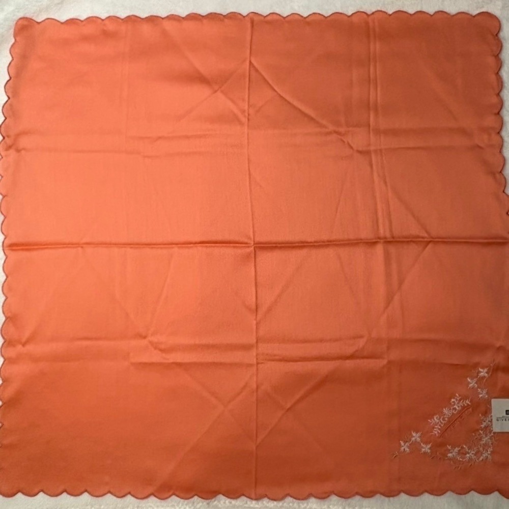 Vtg GIVENCHY Scarf Handkerchief Floral Embroidery Cotton Orange White 19.5"